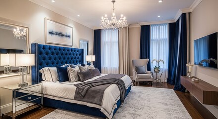 Luxurious master bedroom showcasing elegant blue and gray design elements.