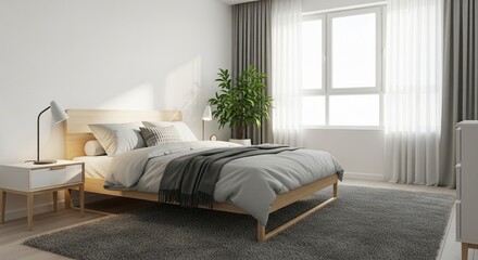 Serene Bedroom Interior with Natural Light and Minimalist Design Elements
