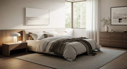 Serene bedroom interior with natural light and minimalist design elements