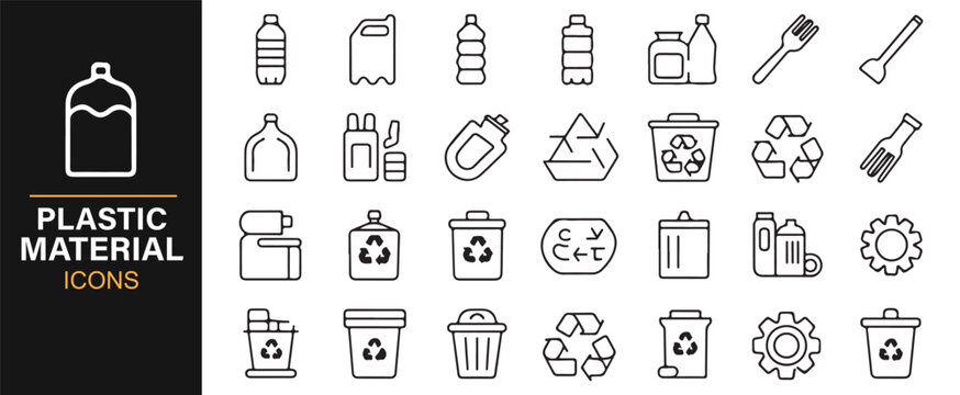 Eco-conscious icon bundle featuring plastic products, recycling symbols, and waste management elements