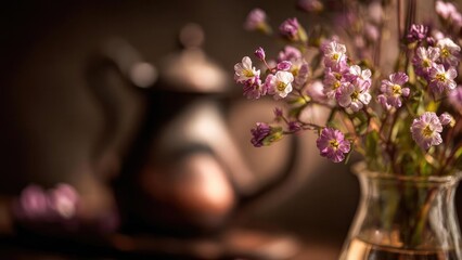 Fototapeta premium Pink and purple small flowers in a glass vase on a wooden table, with a soft, blurred background. Concept Soft focus background, Pink and purple flowers, Glass vase details, Wooden table texture