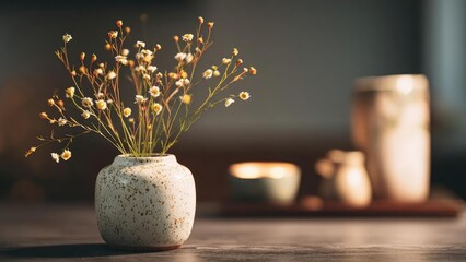 Fototapeta premium A speckled ceramic vase filled with small white flowers on a wooden table, with warm blurred candles in the background. Concept Speckled ceramic vase with white flowers, Wooden table still life