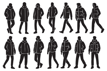 Walking man silhouette set in casual hooded winter jacket vector poses © Md Robin Hasan