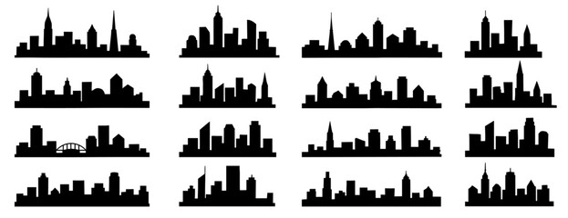 Skyline silhouettes urban city shapes with varied architectural profiles. Features modern towers, compact buildings, spires