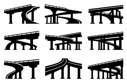 Highway flyovers silhouettes collection with sweeping curves, split-level structures, and strong supporting pillars