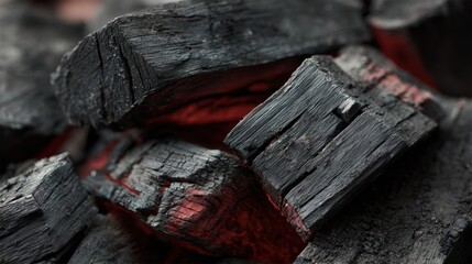 Close-up of hot charcoal pieces with glowing embers and black ash texture. BBQ fire background for grilling, heat, cooking, outdoor food preparation and barbecue concept