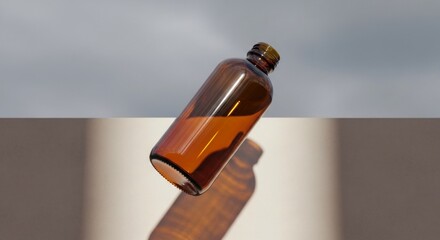 Amber glass cosmetic bottle appears suspended above a neutral surface with strong directional lighting