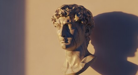 Classical marble sculpture bust illuminated by warm sunlight casting a dramatic shadow