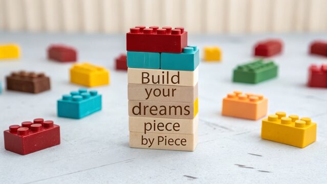 Stack of building blocks with 'Build your dreams piece by piece' on them