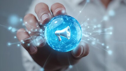Hand Holding Glowing Blue Sphere with Digital Connections on a Neutral Background Symbolizing Global Communication