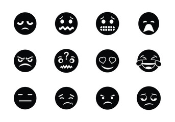 Emoji icon set. Including happy emotion, sad, smiling, surprised, angry, relaxed, confused, laughing, excited and shocked emoticon icons. Silhouette vector illustration