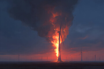 Surreal dystopian scene of a burning wind turbine at sunset