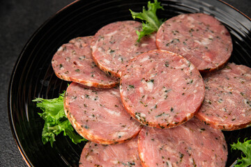 Sausage with garlic and spices slices of salami meat tasty snack fresh gourmet food background on the table rustic food top view copy space