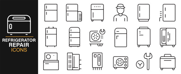 Detailed line-style icon bundle showing refrigerator components, service tools, and repair actions