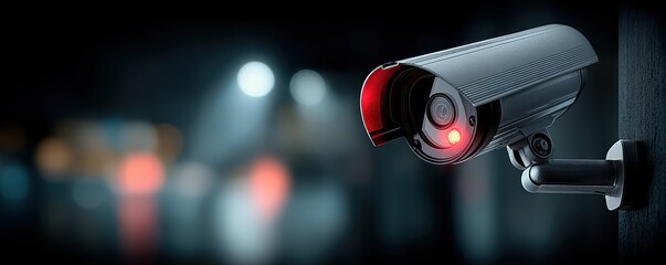 Modern security camera with glowing red eye monitoring in the rain at night