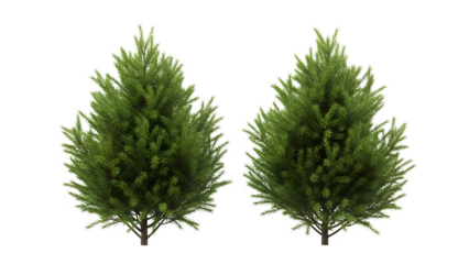 Two realistic green evergreen trees isolated for compositing and landscaping design projects isolated on transparent background