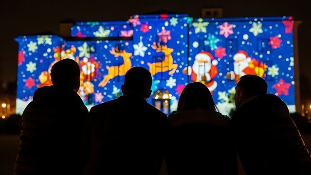 Silhouetted People Watching Bright Christmas Light Display with Santa Reindeer and Snowflakes at Night - Powered by Adobe
