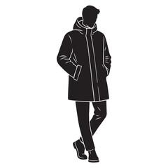 Hooded mid-length parka man standing silhouette hands in pockets vector