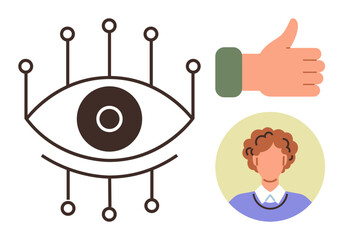 Eye with connected nodes, thumbs-up hand gesture, and user profile portrait. Ideal for AI, technology, surveillance, user identification, approval systems digital security personal data. A simple