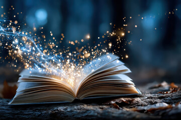 Open book releasing magical sparkles in a serene forest setting at dusk