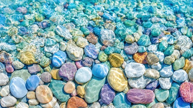 Top-Down View of Colorful Riverbed Pebbles Under Clear Water with Sunlight Refraction
