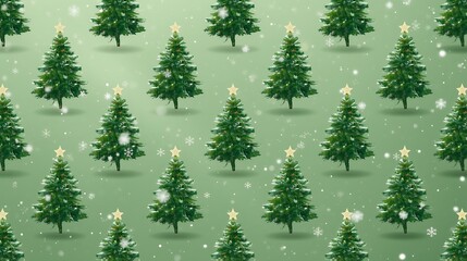 Obraz premium Whimsical repeating pattern of vibrant green Christmas trees, each topped with a shining star, set against a soft, snowy green backdrop, evoking a cheerful holiday spirit and winter magic
