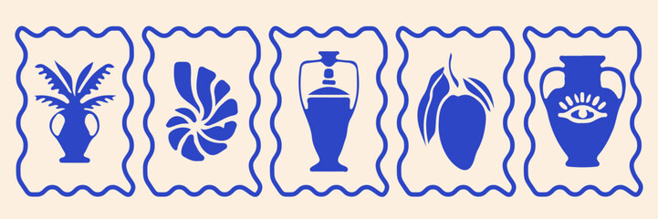 Tropical summer ocean print kit, hand drawn exotic nature silhouette stamp, vintage coastal logo. Sea shore surf travel sticker, Hawaii fruit, plant symbols, postage beach vacation badge. Summer print