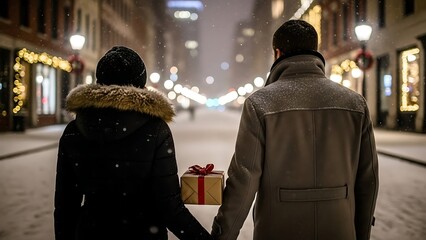Couple Walking in Snowy City Street at Night Holding Gift Box During Winter Festive Atmosphere