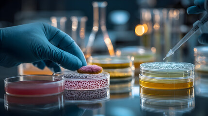Scientist conducting experiments in laboratory setting with petri dishes and gloves