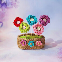 A crochet basket made from colorful jute with flowers