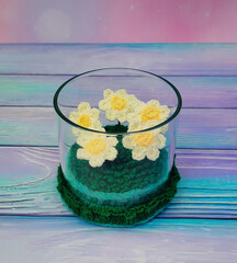Crochet Meadow in Glass Jar Handmade Green Field with Daisies