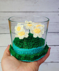 Crochet Meadow in Glass Jar Handmade Green Field with Daisies