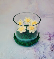 Crochet Meadow in Glass Jar Handmade Green Field with Daisies