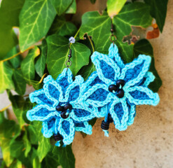 Blue Crochet Earrings with dark wooden beads