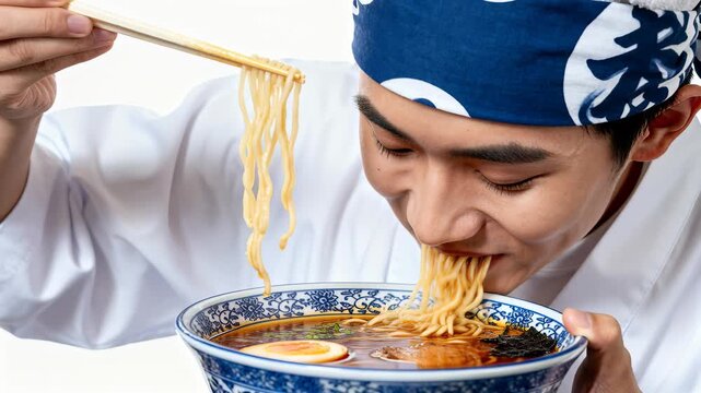 Man eats Japanese ramen noodle soup from a blue bowl using chopsticks while wearing a headband and chef jacket. He slurps hot broth and noodles with a visible soft boiled egg and seaweed garnish in a 