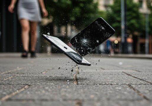 Two mobile phone falling toward the ground shattering into pieces, illustrating concept of broken technology for repair or damage website design.