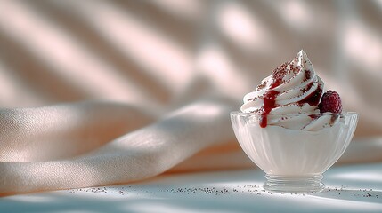   Close-up photo of a bowl of ice cream topped with fresh raspberries and fluffy whipped cream