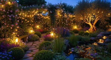 Illuminated garden pathway glows with warm string lights and cascading water feature at twilight