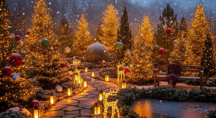 Illuminated evergreen trees create a magical holiday display along a garden pathway during snowfall