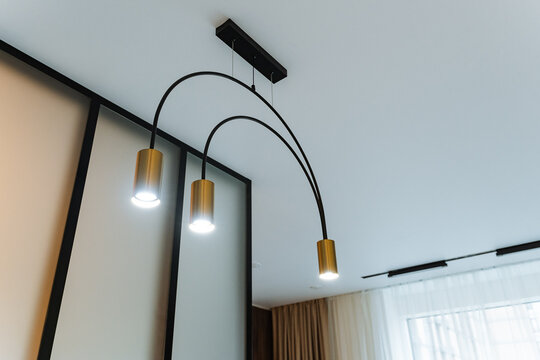 Stylish Modern Pendant Ceiling Lamps, Sculptural Ceiling Lights With Brass Accents, Modern Interior Ceiling Lamps With Brass Highlights And Artistic Arched Triple Pendant Design