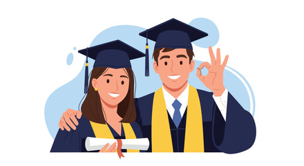 Obraz premium Happy couple of university graduates in academic gowns celebrating their success with a diploma and an okay hand gesture.