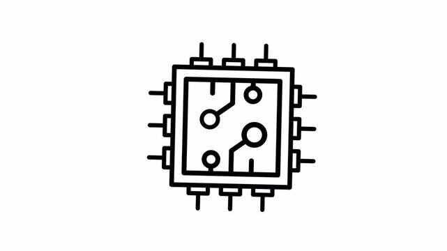 Integrated Circuit Icon: Minimalist Outline of a CPU Microchip, Symbolizing Digital Technology, Computing, AI, and Processor Electronics Icon Animation