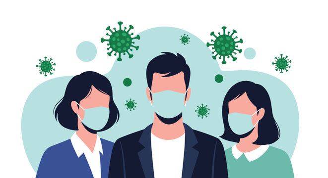 Group of people including a man and two women wearing protective medical face masks to prevent infection from the coronavirus.