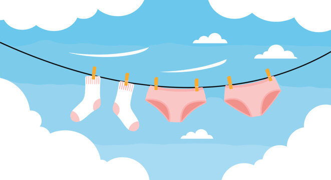 Freshly washed pink underwear and white socks hanging on a clothesline to dry in a bright blue sky with fluffy white clouds.