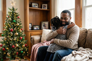 Black father and daughter share a warm hug on the sofa, celebrating christmas together by a decorated tree with lights, smiling and enjoying a cozy, affectionate family moment at home