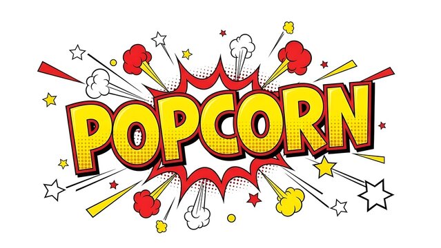 Colorful popcorn graphic with starburst and kernels on white background