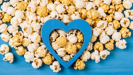 Blue heart shaped cutout surrounded by popcorn on blue background