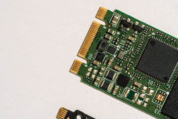 Angle view of M.2 SSD edge connector and circuitry with copy space. High quality photo