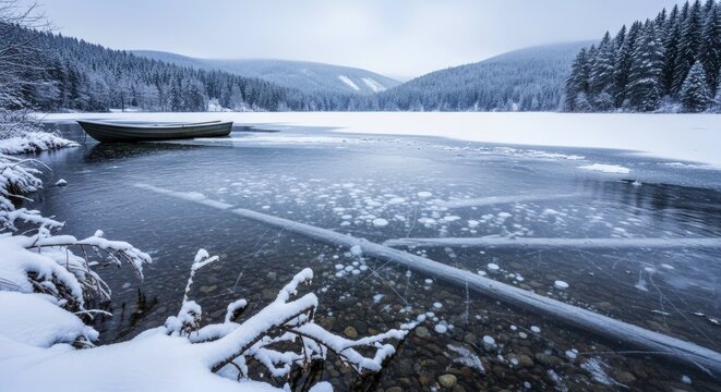Solitary rowboat rests near the partially frozen shore of a serene winter lake surrounded by snow-covered slopes.