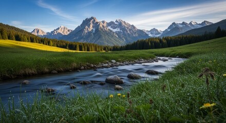 Flowing mountain stream carves through a sunlit alpine meadow below rugged peaks